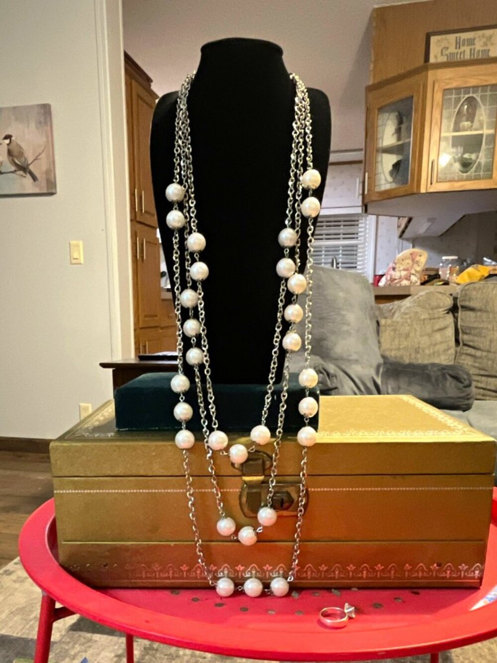 Layered Multi-Strand Silver Tone Cable Chain Necklace w/ White Imit. Pearls